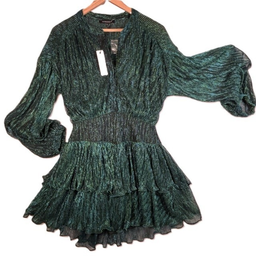 NWT Olivaceous Mini Dress Women S Green Metallic Plisse Ruffle Smocked Holiday